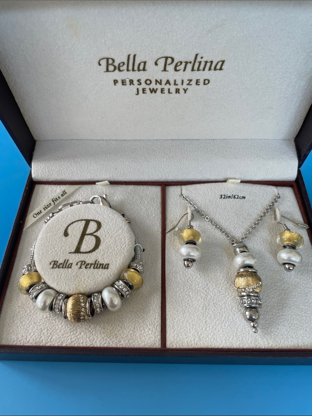 bella Perlina Gold and White Bead Bracelet Set with Pendant & Earrings